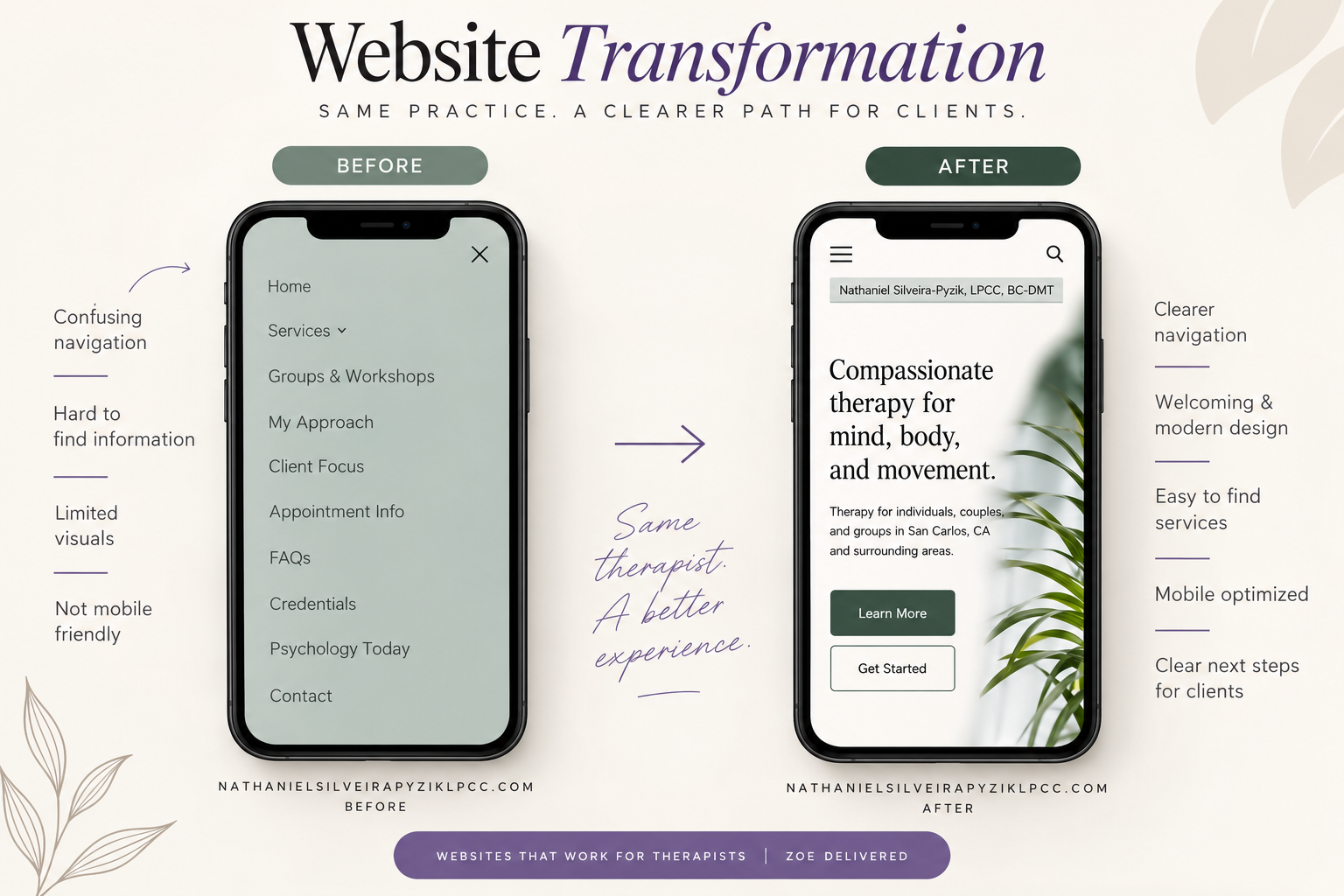 Before and after therapist website work by Zoe Delivered