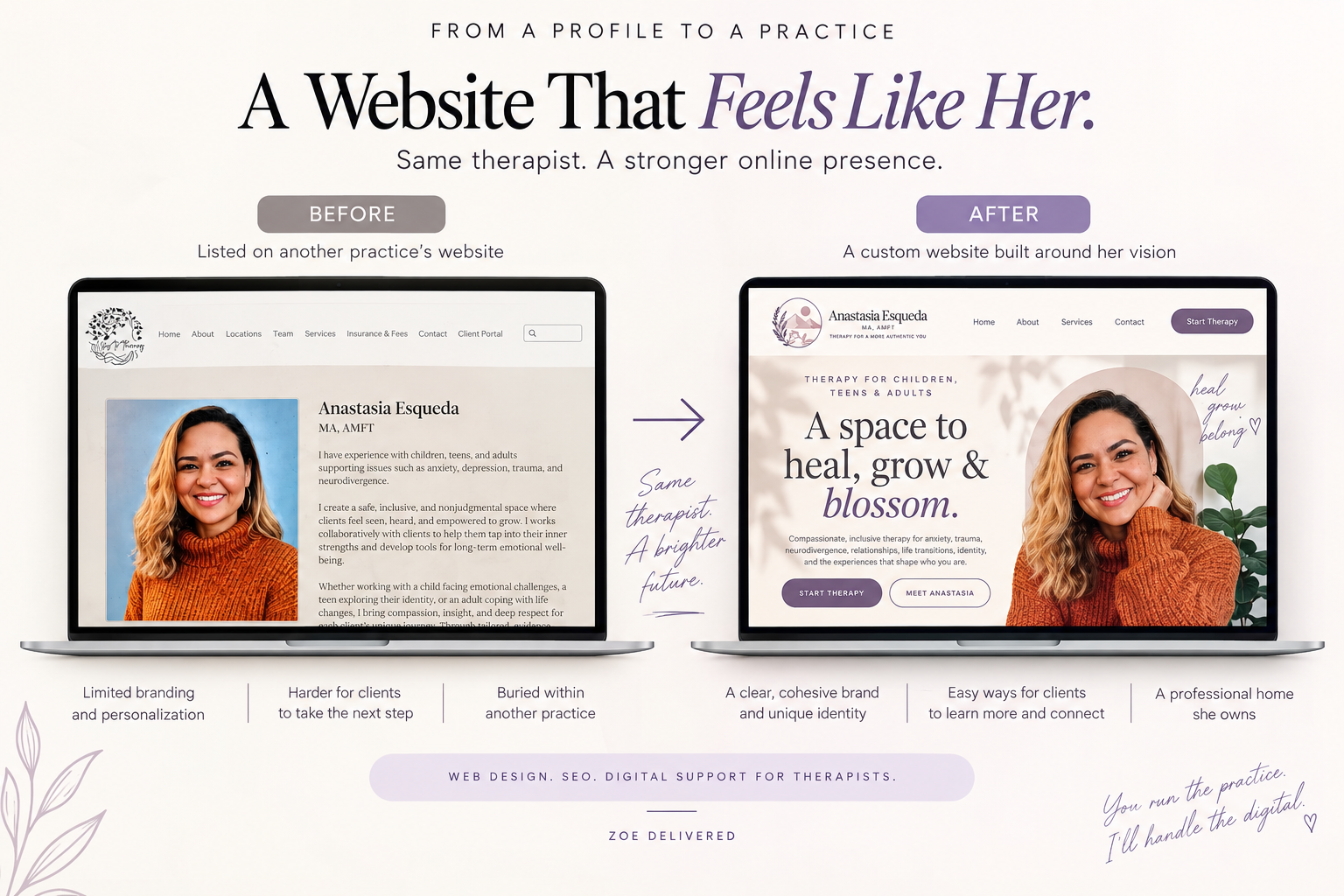 Therapist website redesign and SEO project by Zoe Delivered