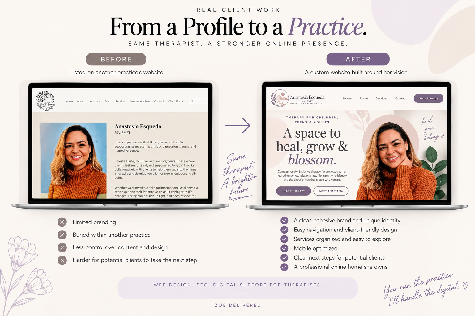 Private practice therapist website designed by Zoe Delivered